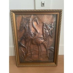 Vintage Hammered Copper Flamingos Picture Art